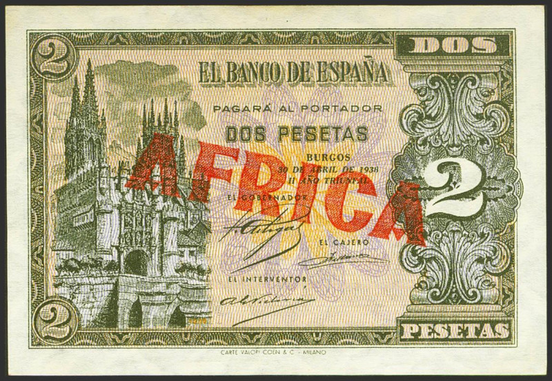 2 Pesetas. 30 de Abril de 1938. Serie M. (Edifil 2021: 429A). Sobrecarga tipográ...