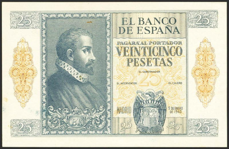 25 Pesetas. 9 de Enero de 1940. NO EMITIDO. Prueba del anverso en un color no de...