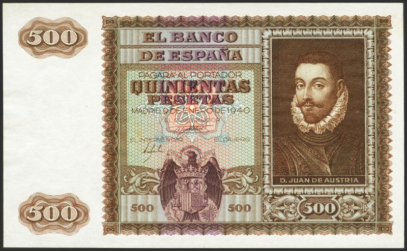 Prueba de anverso del billete de 500 Pesetas emitido el 9 de Enero de 1940, sin ...