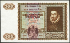 Prueba de anverso del billete de 500 Pesetas emitido el 9 de Enero de 1940, sin numeración, sin firma del cajero y con fondo litográfico. (Edifil 2021...