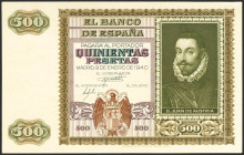 Prueba de anverso del billete de 500 Pesetas emitido el 9 de Enero de 1940, sin numeración, sin firma del cajero y sin fondo litográfico. (Edifil 2021...