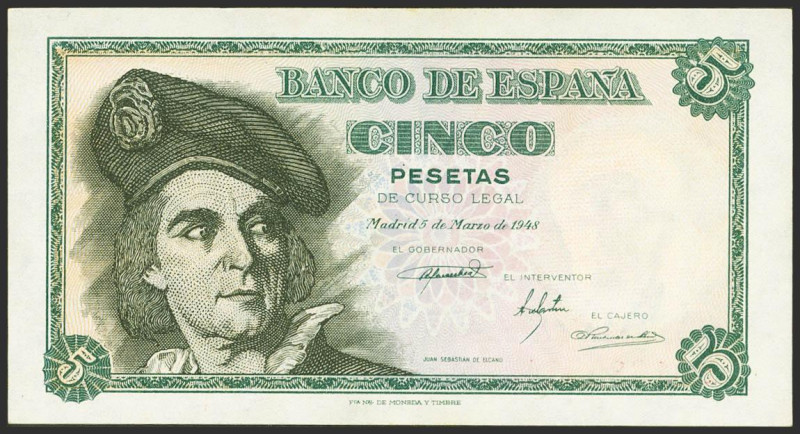 5 Pesetas. 5 de Marzo de 1948. Serie E. (Edifil 2021: 455a, Pick: 136a). Apresto...