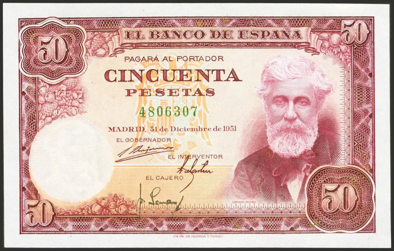 50 Pesetas. 31 de Diciembre de 1951. Sin serie. (Edifil 2021: 462, Pick: 141a). ...