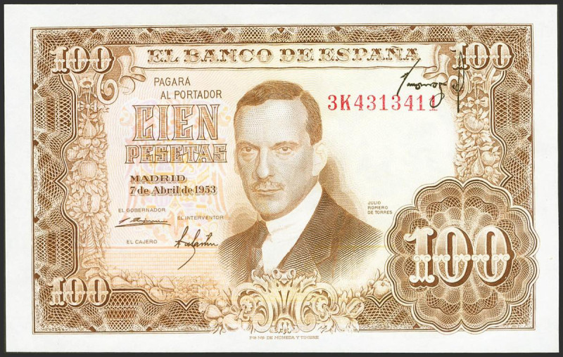 100 Pesetas. 7 de Abril de 1953. Error firma de cajero invertida e impresa en la...