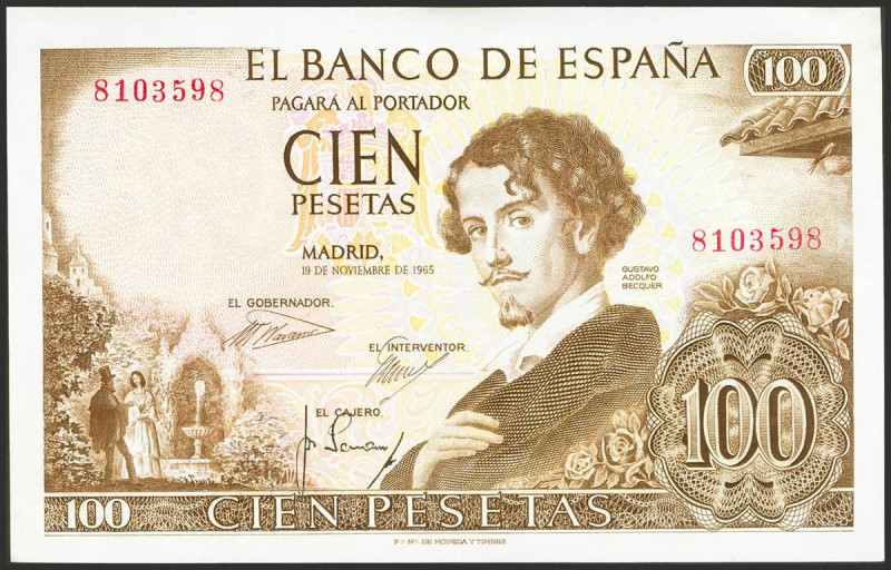 100 Pesetas. 19 de Noviembre de 1965. Sin serie. (Edifil 2021: 470). Apresto ori...