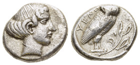 LUCANIA. Velia. Drachm (circa 465-440 BC).

Obv: Head of nymph right.
Rev: YEΛΗ.
Owl standing right, head facing on olive branch.

HN Italy 1265.

Aqu...