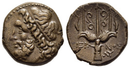 SICILY. Syracuse. Hieron II (275-215 BC). Ae.

Obv: Head of Poseidon left, wearing tainia.
Rev: ΙΕΡΩ - ΝΟΣ/ ΛY
Ornamented trident head flanked by two ...