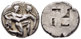 ISLANDS off THRACE. Thasos. Stater (circa 500-480 BC).

Obv: Ithyphallic satyr advancing right, carrying off protesting nymph.
Rev: Quadripartite incu...