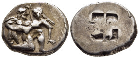 ISLANDS off THRACE. Thasos. Stater (circa 480-463 BC).

Obv: Ithyphallic satyr advancing right, carrying off protesting nymph.
Rev: Quadripartite incu...