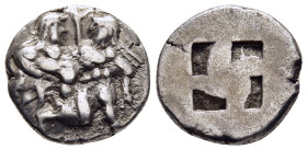 ISLANDS off THRACE. Thasos. Drachm. (circa 500-480 BC).

Obv: Ithyphallic satyr advancing right, carrying off protesting nymph.
Rev: Quadripartite inc...