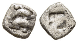 ISLANDS off THRACE. Thasos. 1/16 Stater or Obol (circa 500-480 BC).

Obv: Two dolphins swimming in opposite directions; pellets around.
Rev: Quadripar...