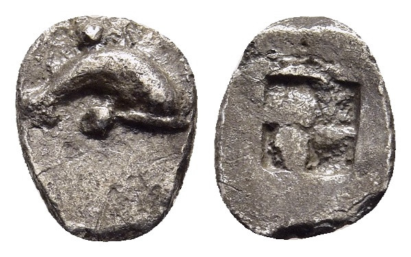 ISLANDS off THRACE. Thasos. Hemiobol (circa 500-480 BC).

Obv: Dolphin leaping r...