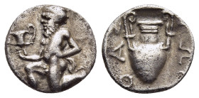 ISLANDS off THRACE. Thasos. Trihemiobol (circa 412-404 BC).

Obv: Satyr kneeling left, holding kantharos.
Rev: ΘΑΣΙΩN.
Amphora within incuse square.

...