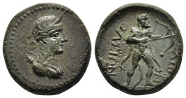 ISLANDS off THRACE. Thasos. AE (circa 168/7-90/80 BC).

Obv: Draped bust of Artemis right, wearing stephanos; bow and quiver over shoulder.
Rev: ΘΑΣΙΩ...