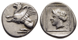 THRACE. Abdera. Tetrobol (circa 395-360 BC). Protes, magistrate. 

Obv: Griffin springing left from grain ear.
Rev: Laureate head of Apollo left; ΠPΩT...