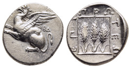 THRACE. Abdera. Tetrobol (circa 395-360 BC). Protes, magistrate. 

Obv: Griffin springing left; above, ΑΒΔ.
Rev: Three grain-ears within linear square...