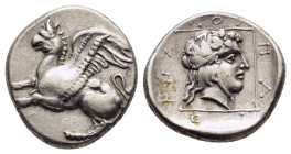 THRACE. Abdera. Tetrobol (circa 360-350 BC). Molpagores, magistrate. 

Obv: Griffin springing left.
Rev: Wreathed head of Dionysos left in linear squa...