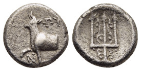 THRACE. Byzantion. Hemidrachm (circa 387/6-340 BC).

Obv: 'ΠΥ.
Forepart of heifer standing left on dolphin left; monogram below raised foreleg.
Rev: T...