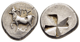 THRACE. Byzantion. Siglos (circa 340-320 BC).

Obv: 'ΠΥ.
Bull standing left on dolphin left.
Rev: Stippled quadripartite incuse square.

SNG BM Black ...