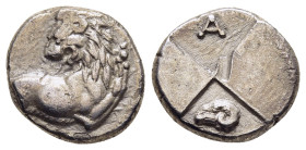 THRACE. Chersonesos. Hemidrachm (circa 386-338 BC).

Obv: Forepart of lion right, head left.
Rev: Quadripartite incuse square with alternating raised ...