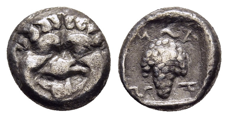 THRACE. Maroneia. Obol (circa 398-385 BC).

Obv: Facing gorgoneion.
Rev: MAPΩ.
G...