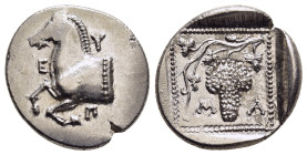 THRACE. Maroneia. Tetrobol (circa 377-365 BC).

Obv: EYΠ.
Forepart of horse left.
Rev: MA.
Grape bunch on vine in dotted linear square; all within sha...
