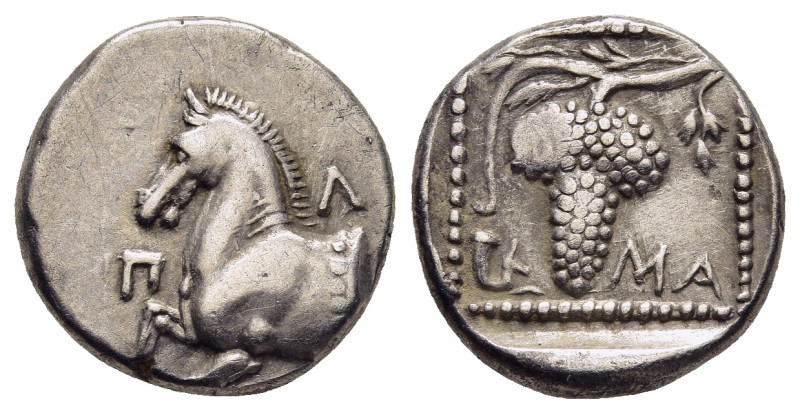 THRACE. Maroneia. Tetrobol (circa 377-365 BC).

Obv: Π-Λ.
Forepart of horse left...