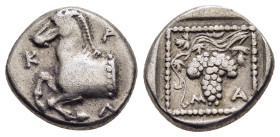 THRACE. Maroneia. Tetrobol (circa 377-365 BC).

Obv: ΚΑΛ.
Forepart of horse left.
Rev: MA.
Grape bunch on vine in dotted linear square; all within sha...
