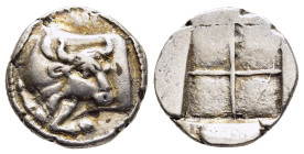 MACEDON. Akanthos. Tetrobol (circa 430-390 BC).

Obv: Forepart of bull left, head right.
Rev: Quadripartite incuse square.

SNG ANS 39-41; HGC 3.1, 39...