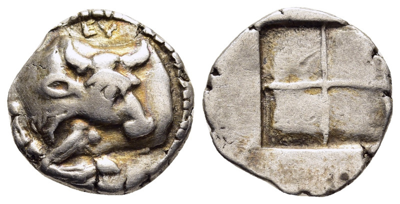 MACEDON. Akanthos. Tetrobol (circa 430-390 BC).

Obv: Forepart of bull left, hea...
