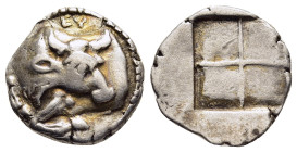 MACEDON. Akanthos. Tetrobol (circa 430-390 BC).

Obv: Forepart of bull left, head right; EY above.
Rev: Quadripartite incuse square.

SNG ANS 39-41; H...