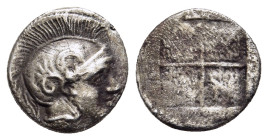 MACEDON. Akanthos. Diobol (circa 430-390 BC).

Obv: Helmeted head of Athena right.
Rev: Quadripartite incuse square, ethnic in quarters. 

AMNG III/2,...