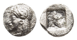 MACEDON. Bottiaians of Bottike. Circa 500-475 BC. Tetartemorion. 

Obv: Head of nymph (Europa?) left, wearing reed wreath and earring.
Rev: Incuse squ...