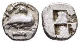 MACEDON. Eion. Trihemiobol (circa 480-460 BC)

Obv: Goose standing right, head turned back to left; above, lizard left.
Rev: Quadripartite incuse squa...