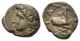 MACEDON. Galepsos. AE (circa 400-348 BC).

Obv: Wreathed head of Dionysos left. 
Rev: ΓΑΛΗΨΙΩΝ
Forepart of goat right, head left.

Cf. Demetriadi, Gal...