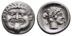 MACEDON. Neapolis. Hemidrachm (circa 375-350 BC).

Obv: Facing gorgoneion.
Rev: ΝΕΟΠ.
Head of nymph right within incuse square.

SNG ANS 431ff.; HGC 3...