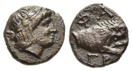 MACEDON. Phagres. AE (circa 400-350 BC).

Obv: Laureate head of Apollo right.
Rev: ΦΑ / ΓΡ
Forepart of lion right.

Liampi, Phagres 3.

Condition: Goo...