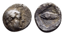 MACEDON. Skione. Tetartemorion (circa 480-470 BC).

Obv: Head of male right.
Rev: Eye within incuse square. 

AMNG III/2, –; HGC 3, 677 corr. (head so...