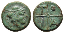 MACEDON. Tragilos. AE (circa 420-400 BC).

Obv: Head of Hermes to right, wearing petasos.
Rev: T-P-A-I within four segments around central pellet. 

A...