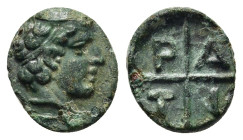 MACEDON. Tragilos. AE (circa 420-400 BC).

Obv: Head of Hermes right, wearing petasos(?).
Rev: Quadripartite incuse square; T-P-A-I in quarters.

Cf. ...