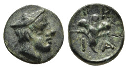 MACEDON. Tragilos. AE (circa 420-400 BC).

Obv: Head of Hermes to right, wearing petasos.
Rev: Cotton flower(?); T-R-I-A around. 

AMNG III.2, 8; HGC ...