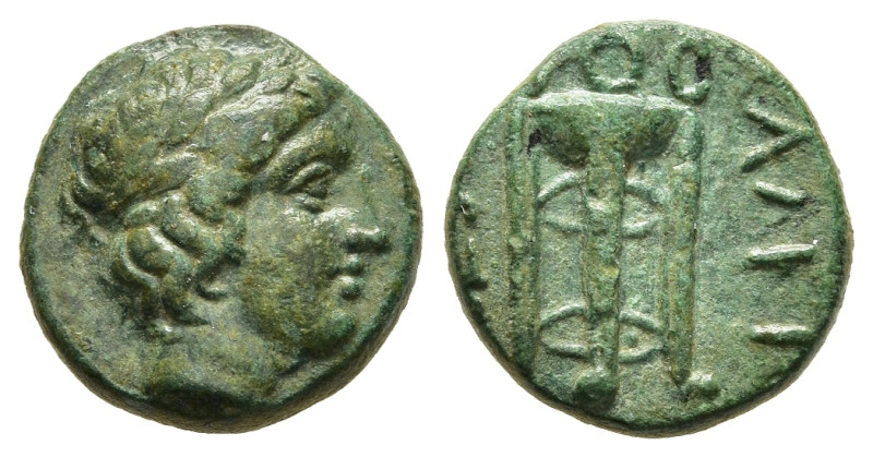 MACEDON. Chalkidian League. Olynthos. AE (circa 360-348 BC). 

Obv: Laureate hea...