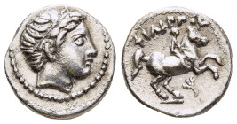 KINGS of MACEDON. Philip II (359-336 BC). 1/5 Tetradrachm. Amphipolis.

Obv: Male head right, wearing tainia.
Rev: ΦΙΛΙΠΠΟΥ.
Youth on horse rearing ri...