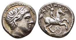 KINGS of MACEDON. Philip II (359-336 BC). 1/5 Tetradrachm. Amphipolis.

Obv: Male head right, wearing tainia.
Rev: ΦΙΛΙΠΠΟΥ.
Youth on horse rearing ri...