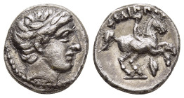 KINGS of MACEDON. Philip II (359-336 BC). 1/5 Tetradrachm. Amphipolis.

Obv: Male head right, wearing tainia.
Rev: ΦIΛIΠΠOY.
Youth on horse rearing ri...