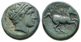 KINGS of MACEDON. Philip II (359-336 BC). AE. Uncertain mint in Macedon.

Obv: Male head right, wearing tainia.
Rev: ΦΙΛΙΠΠΟΥ.
Youth on horse rearing ...