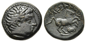 KINGS of MACEDON. Alexander III 'the Great' (336-323 BC). AE. Uncertain mint in Macedon.

Obv: Male head right, wearing tainia.
Rev: ΑΛΕΞΑΝΔPOY.
Horse...