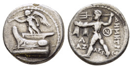 KINGS of MACEDON. Demetrios I Poliorketes (306-283 BC). Hemidrachm. Tarsos.

Obv: Nike on prow of galley left, blowing trumpet and holding stylis.
Rev...