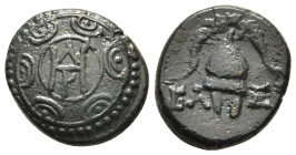 KINGS of MACEDON. Demetrios I Poliorketes (306-283 BC). AE. Pella mint. 

Obv: Macedonian shield with monogram of Demetrios in central boss.
Rev: Mace...