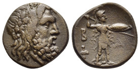 KINGS of MACEDON. Philip V (221-179 BC). AE. Uncertain mint in Macedon.

Obv: Head of Zeus right, wearing oak wreath.
Rev: B - A / Φ.
Athena walking r...